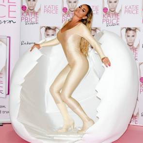 Katie Price promoting her book as she emerging from egg